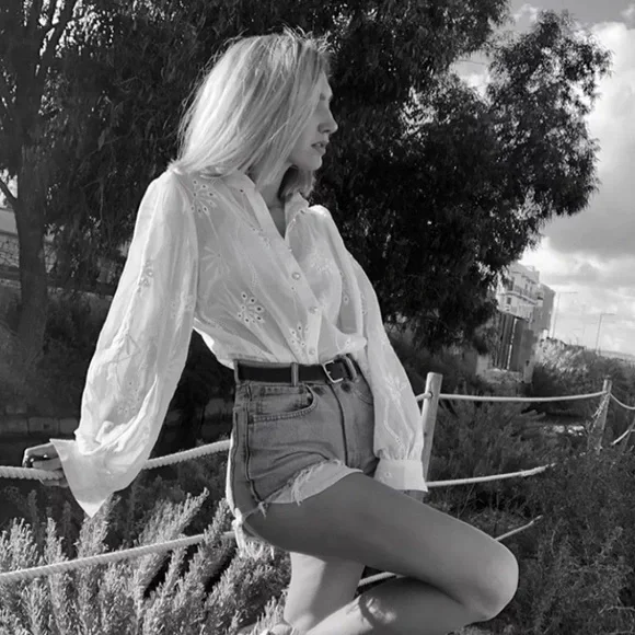 SOLD OUT White Boho Floral Eyelet Button Up Blouse - Picture 8 of 15